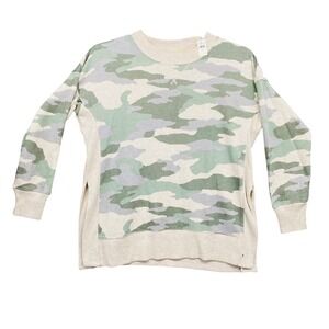 Aerie Womens Camo‎ Print Side Slit Crew Neck Sweatshirt Top Green Beige Size S